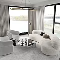Modern White Plush Sofa and Coffee Table Set With Floor to Ceiling Windows Curtains and Round Rug