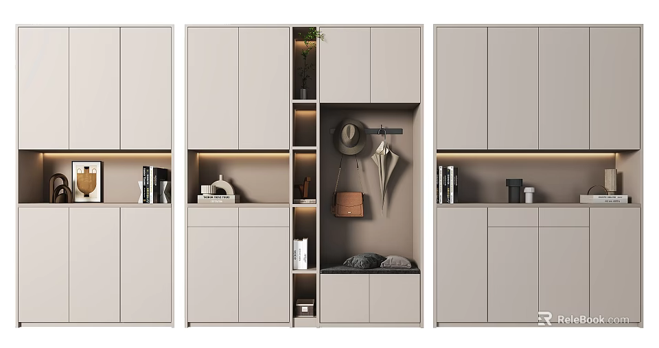 Modern Shoe Cabinet Interior Design With Open Shelf Storage And Decorative Items 3d model 