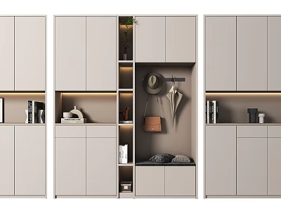 Modern Shoe Cabinet Interior Design With Open Shelf Storage And Decorative Items 3d model