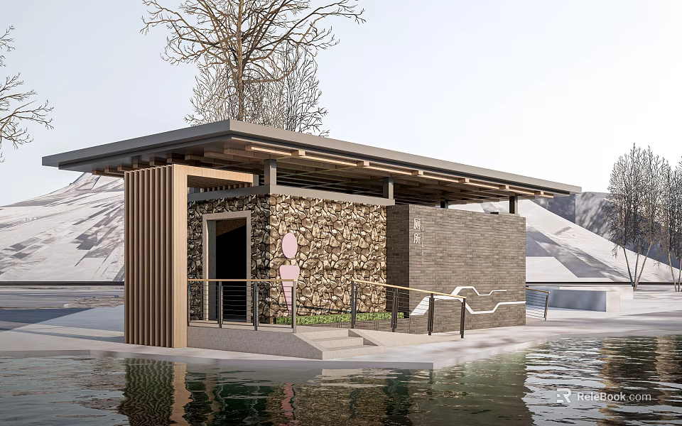 Waterfront Small Building Featuring Wooden Structure Stone Wall Flat Roof Tree Mountain And Water Reflection 3d model 