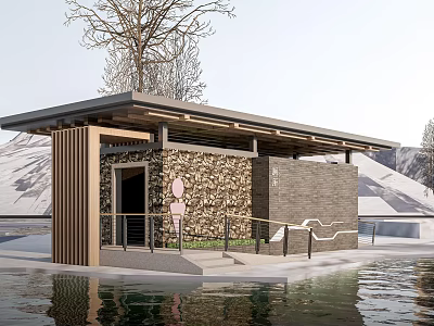 Waterfront Small Building Featuring Wooden Structure Stone Wall Flat Roof Tree Mountain And Water Reflection 3d model