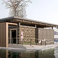 Waterfront Small Building Featuring Wooden Structure Stone Wall Flat Roof Tree Mountain And Water Reflection