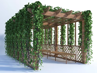 Wooden Pergola Covered With Green Vines Featuring Bench And Lattice Fence 3d model