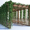Wooden Pergola Covered With Green Vines Featuring Bench And Lattice Fence