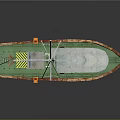 Wooden Boat With Blue Hull Rusted Edges Green Deck Cabin And White Masts