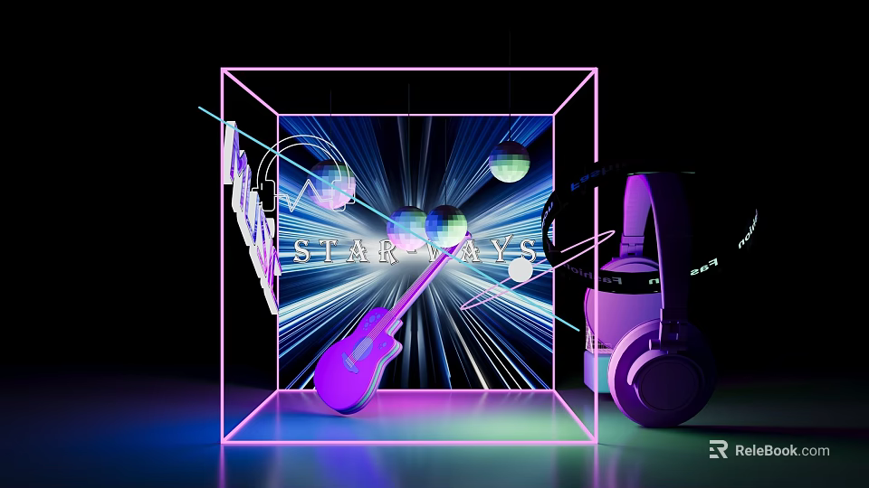 Neon Themed Music Photo Check in Spot With STAR DAYS Text Guitar Disco Balls Headphones 3d model 