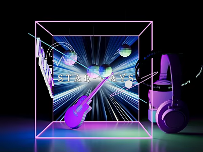 Neon Themed Music Photo Check in Spot With STAR DAYS Text Guitar Disco Balls Headphones 3d model