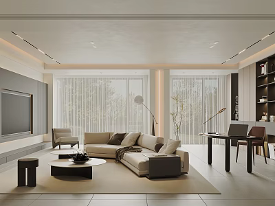 Light Toned Minimalist Living Room With Comfortable Sectional Sofa And Bright Full Height Windows 3d model
