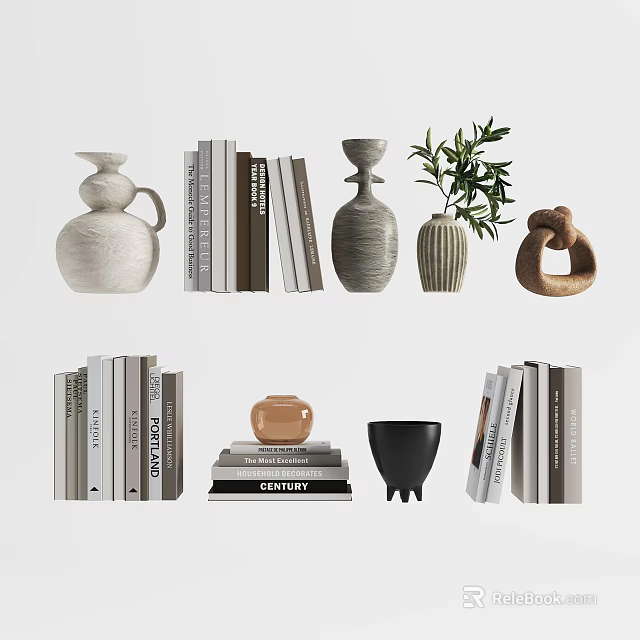 Stylish Decorative Ornament Set With Ceramic Vases Books Potted Plants And Sculptures 3d model 
