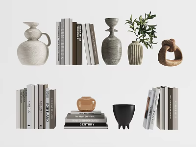 Stylish Decorative Ornament Set With Ceramic Vases Books Potted Plants And Sculptures 3d model
