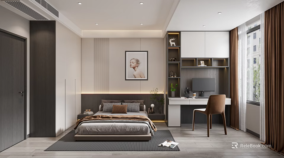 Modern Bedroom Interior Design With Cozy Bed Nightstand And Wall Art 3d model