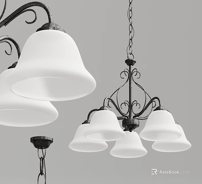 Ornate Black Iron Chandelier With Multiple White Glass Shades And Curved Design 3d model 