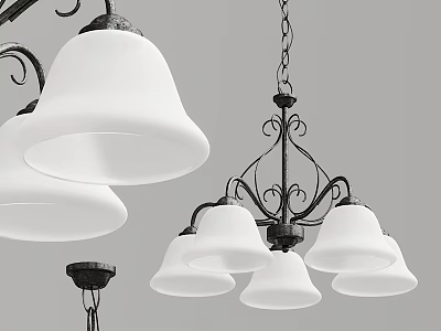 Ornate Black Iron Chandelier With Multiple White Glass Shades And Curved Design 3d model