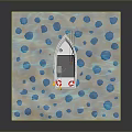 3D Model Scene Of Small Boat Floating On Blue Wavy Water With Yellow Seafloor