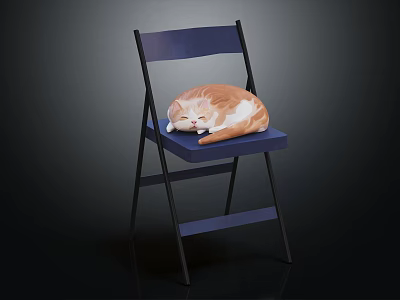 Blue Folding Chair With Orange And White Sleeping Cat On Seat 3d model