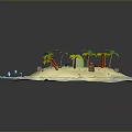 Lush Tropical Palm Trees on Sandy Beach with Blue Water Turtle Stones and Red Flowers