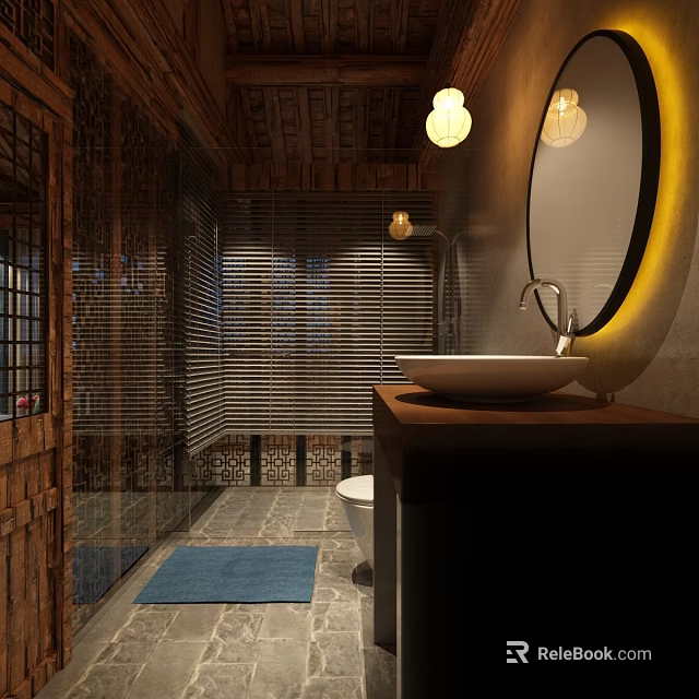 Hotel Bathroom Interior With Wooden Ceiling Shower Blinds Round Mirror Sink And Blue Rug 3d model 
