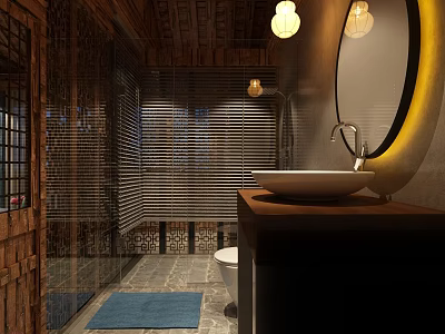 Hotel Bathroom Interior With Wooden Ceiling Shower Blinds Round Mirror Sink And Blue Rug 3d model
