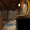 Hotel Bathroom Interior With Wooden Ceiling Shower Blinds Round Mirror Sink And Blue Rug