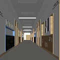 School Hallway With White Walls Wooden Doors Ceiling Lights Display Boards And Blackboard