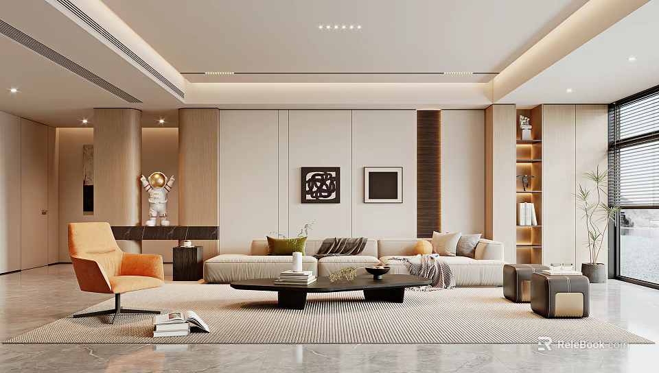 Modern Minimalist Living Room Interior With Beige Sofa Orange Accent Chair Black Coffee Table 3d model 