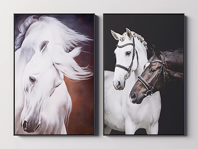 Elegant Horse Paintings Featuring White Mane Horse And Brown Horse Together With Reins 3d model