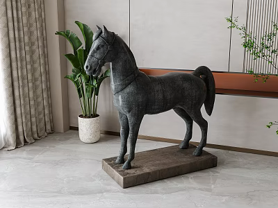 Decorative Ornament Set with Horse Sculpture on Wooden Base and Green Plants for Indoor Decor 3d model