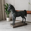 Decorative Ornament Set with Horse Sculpture on Wooden Base and Green Plants for Indoor Decor