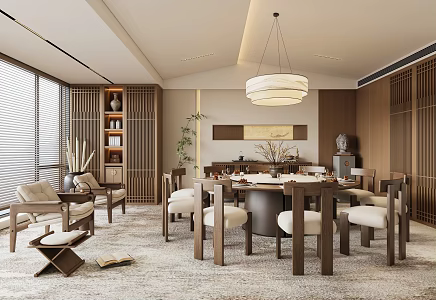 Zen New Chinese Restaurant Room Song Dynasty Aesthetics Restaurant Background Wall Round Dining Table and Chair Restaurant Chandelier Balcony Leisure Chair Buddha's Head Ornaments 3d model