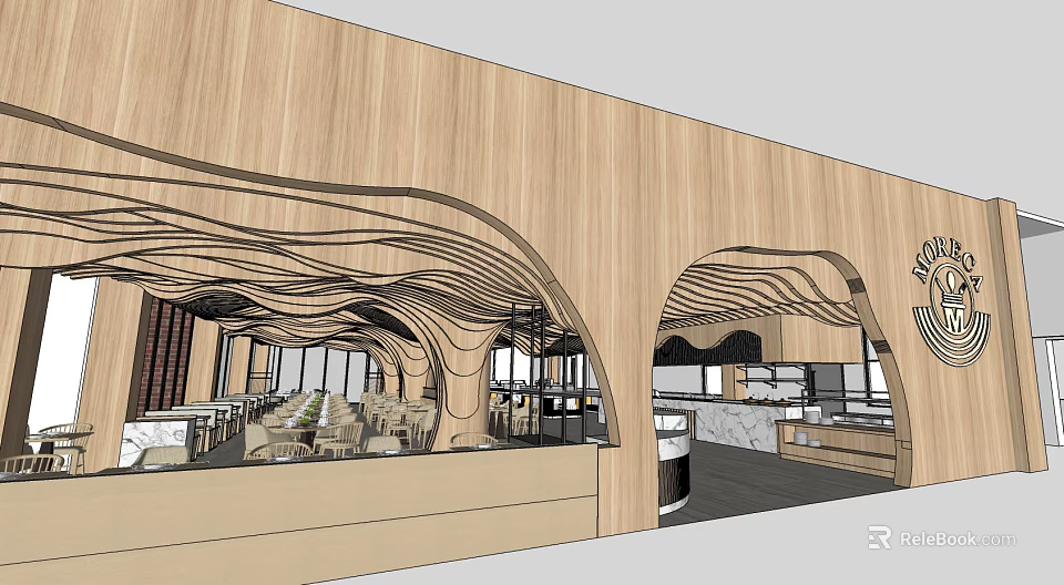 Modern Restaurant Interior Design Featuring Wooden Curved Structures Seating Area And Dining Tables 3d model 