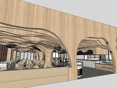 Modern Restaurant Interior Design Featuring Wooden Curved Structures Seating Area And Dining Tables 3d model