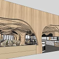 Modern Restaurant Interior Design Featuring Wooden Curved Structures Seating Area And Dining Tables