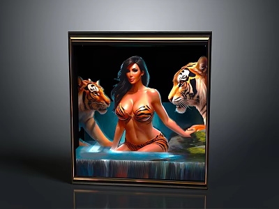 Decorative Square Frame Furniture With Tiger Print Woman And Tigers Waterfall Background Artwork 3d model