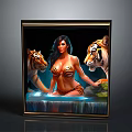 Decorative Square Frame Furniture With Tiger Print Woman And Tigers Waterfall Background Artwork