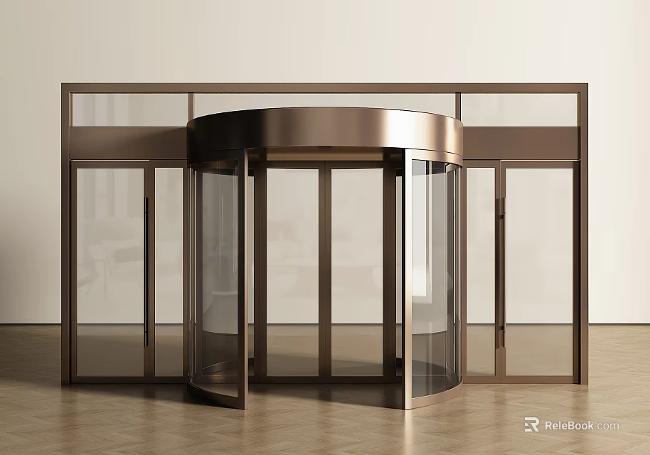 Modern Copper Framed Revolving Door With Glass Panels In Entrance Hall 3d model 