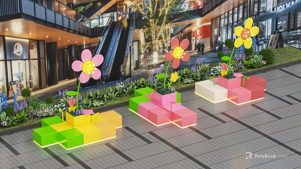 Vibrant Flower Shaped Art Installations With Colorful Block Planters In Mall Atrium 3d model 