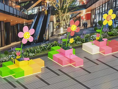 Vibrant Flower Shaped Art Installations With Colorful Block Planters In Mall Atrium 3d model