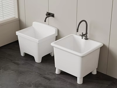 White Mop Sinks With Wall Mounted Faucets In Dark Tiled Utility Room 3d model