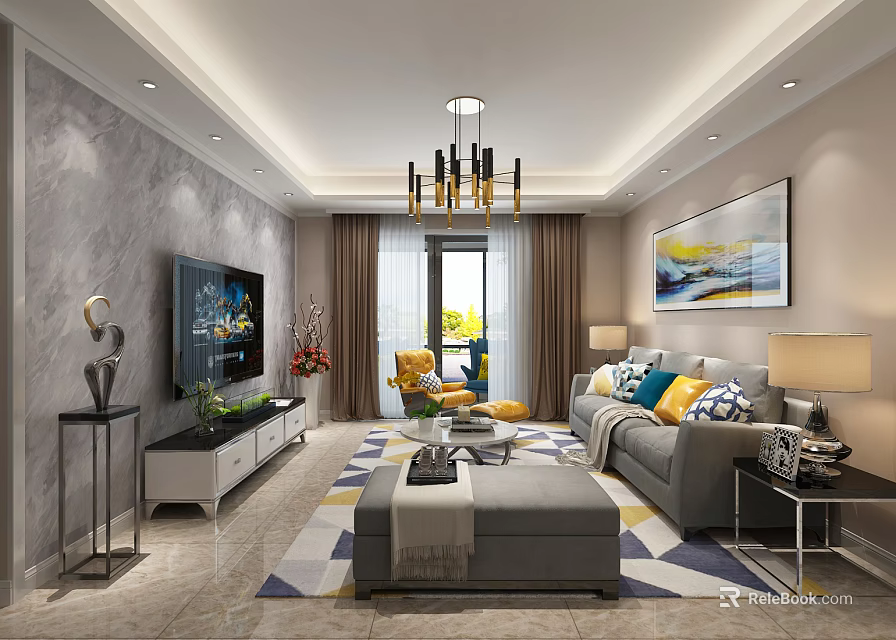 Modern Living Room Interior With Gray Sofa Colorful Pillows Geometric Rug And Wall Art 3d model 