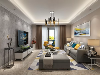 Modern Living Room Interior With Gray Sofa Colorful Pillows Geometric Rug And Wall Art 3d model