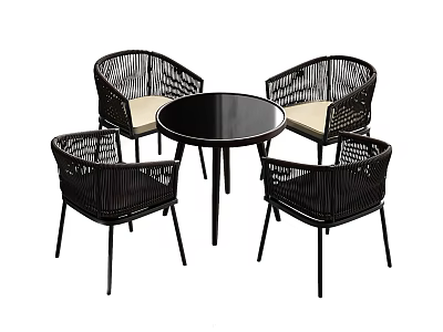 Black Round Table With Four Rattan Chairs And Light Colored Cushions Set 3d model