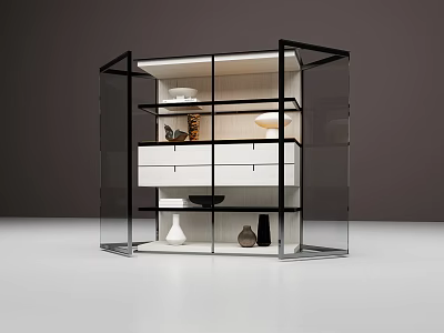 Modern Entryway Side Cabinet With Glass Doors Shelves Drawers And Decorative Display Items 3d model