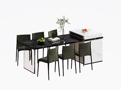 Modern Dining Table Set With Green Plant Fruits Marble Island Counter And Upholstered Chairs 3d model