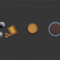 Chocolate Cake Display With Milk Eggs Butter Flour and Orange Pastry on Blue Stand