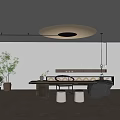 Serene Modern Tea Room Interior With Wooden Table Round Ceiling Light And Green Plants