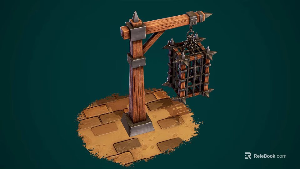 Medieval Style Wooden Metal Decorative Ornament Set With Spiked Cage On Brick Base 3d model 
