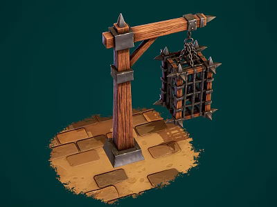 Medieval Style Wooden Metal Decorative Ornament Set With Spiked Cage On Brick Base 3d model