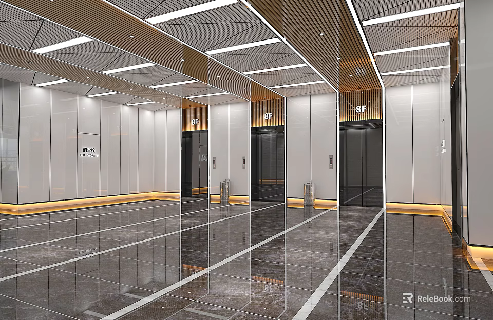 Modern Elevator Lobby With Ceiling Details Lighting And Marble Flooring 3d model