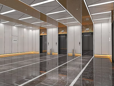 Modern Elevator Lobby With Ceiling Details Lighting And Marble Flooring 3d model