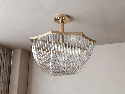 Elegant Modern Crystal Chandelier with Gold Frame and Clear Strands 3d model
